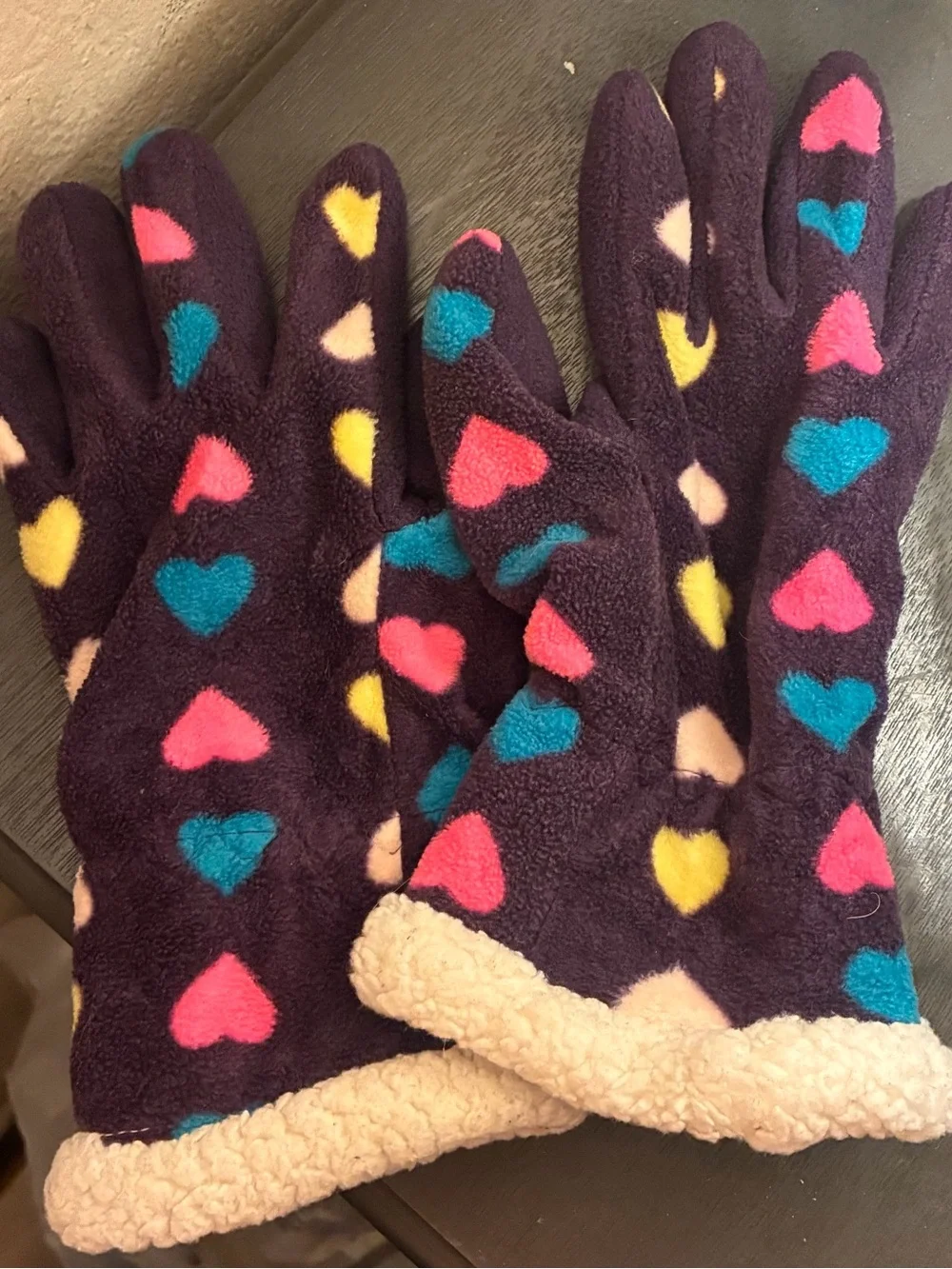 Target Kids Fleece Mittens - purple with Pink, Teal, Yellow, Cream Hearts